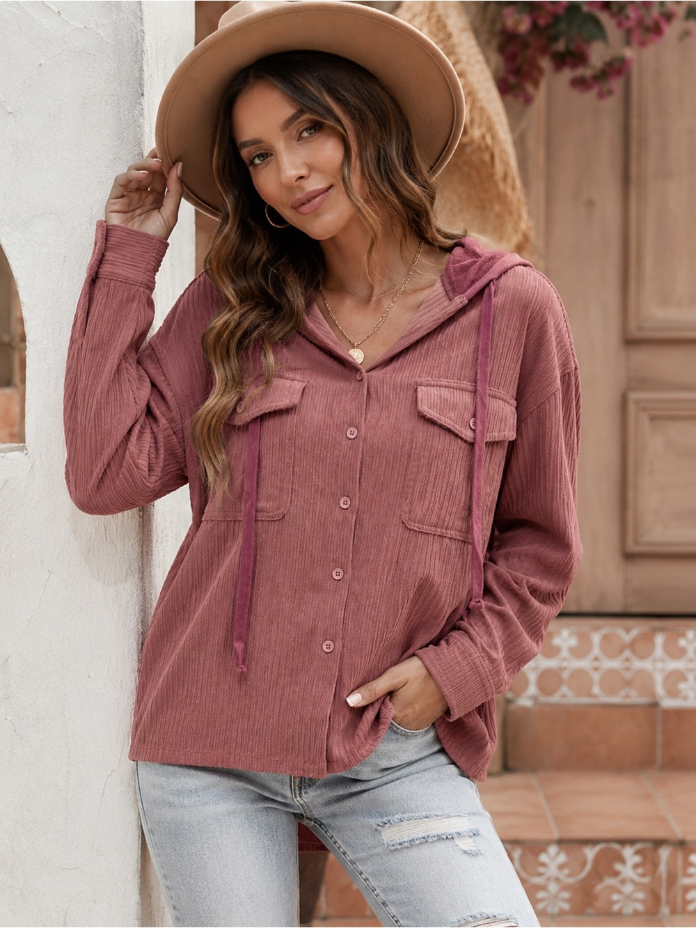New In Branded Mauve Button-Up Hooded Shirt